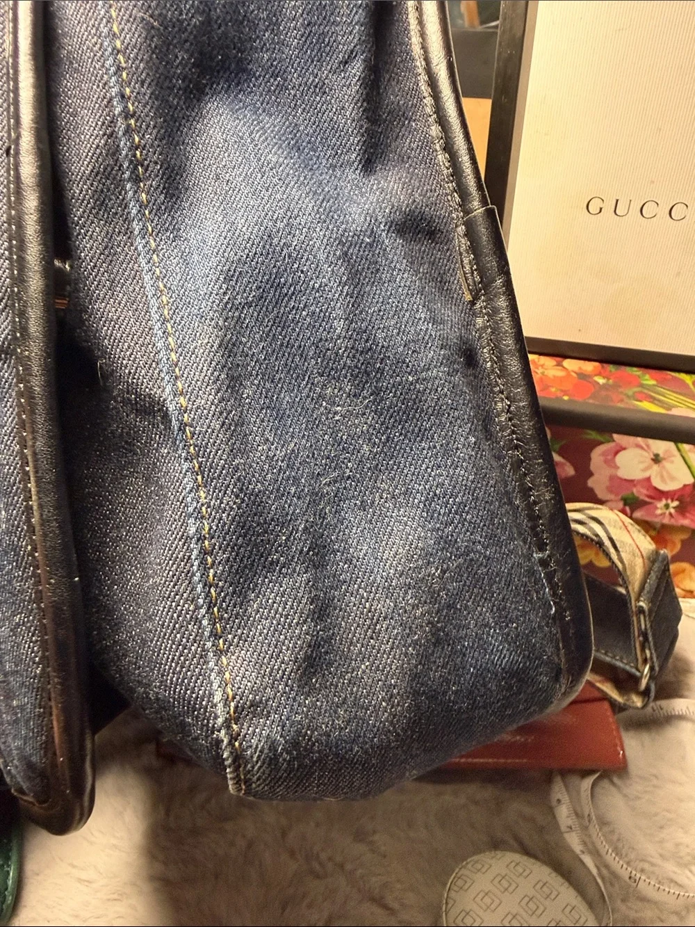 Burberry Blue Denim Messenger Bag with Beige Check Strap
